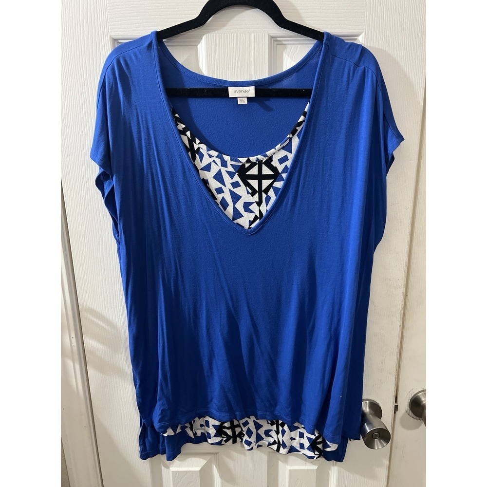 Avenue Womens Plus Size 18/20 Blue Mosaic Top Short Sleeve Relaxed